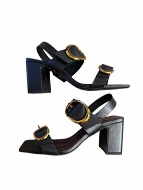 NWOT Zara Black Leather Heeled Sandals with Gold Buckles